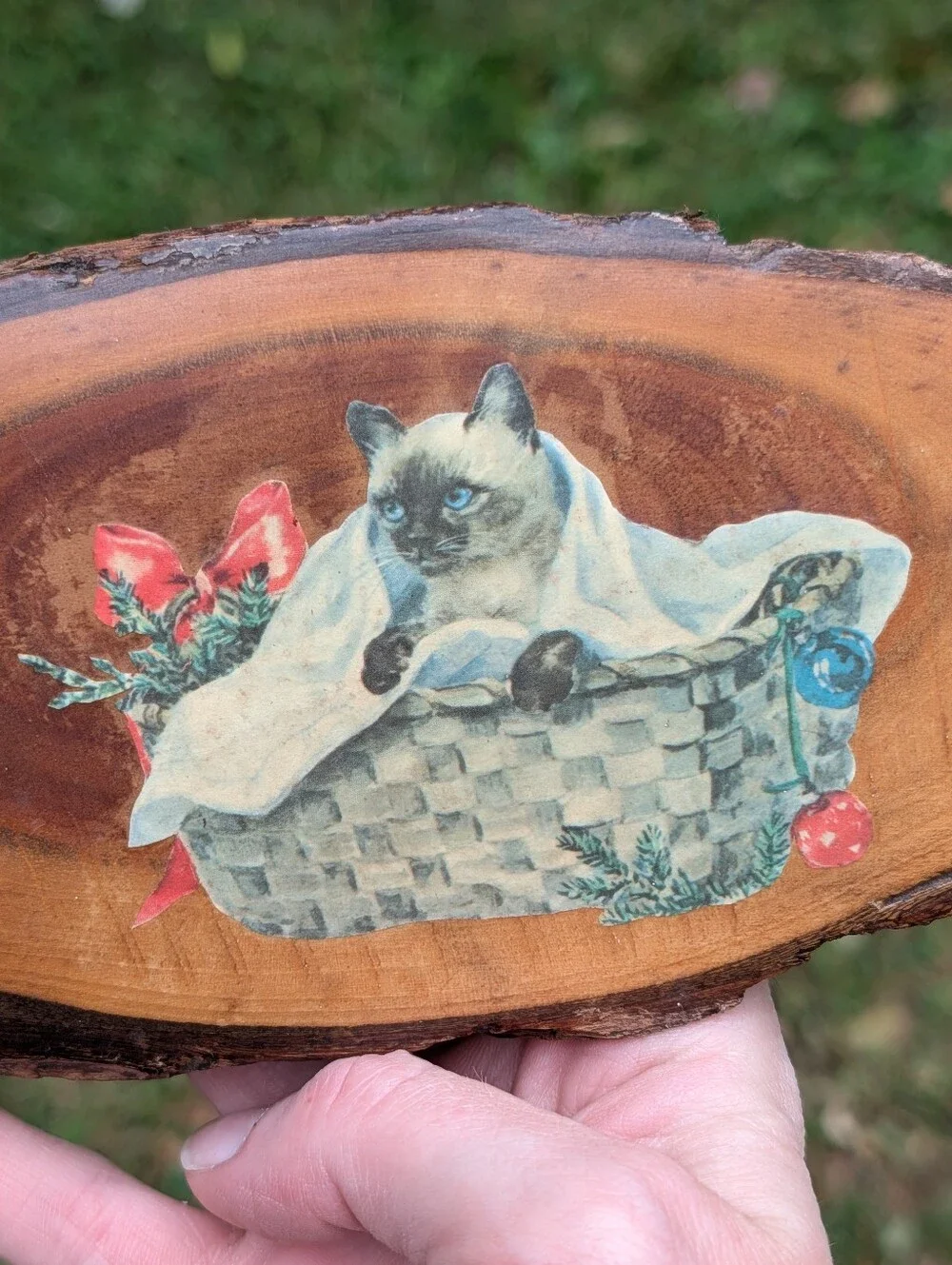 Rustic Cottagecore Grandmacore Wood Cat Painting Hanging Vintage Maximalist